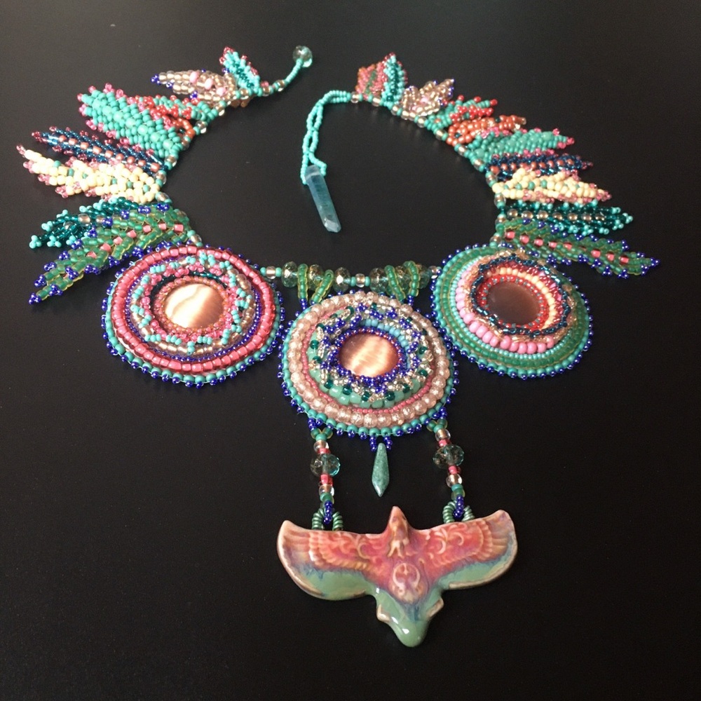 Hand-Beaded Multicolor Statement Necklace with Ceramic Pendant